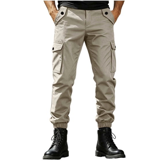 Axiiglly Cargo Pants for Men, Elastic Button Down Waisted Straight Slim Fit Work Pants with Multi Pockets, Casual Lightweight Workout Hiking Joggers Trousers S-2XL