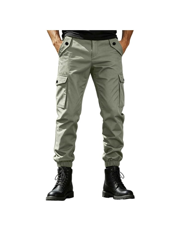 Cargo Pants for Men, Elastic Button Down Waisted Straight Slim Fit Work Pants with Multi Pockets, Casual Lightweight Workout Hiking Joggers Trousers S-2XL