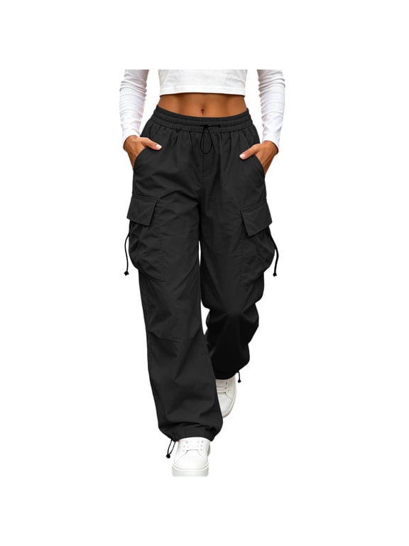 Cargo Pants for Women, Casual Drawstring Elastic Waist Black Work Pants with Multi Pockets, Baggy Stretchy Straight Leg Hiking Streetwear, XXS-2XL
