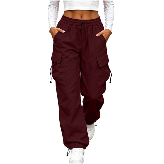 Axiiglly Cargo Pants for Women, Casual Drawstring Elastic Waist Wine Work Pants with Multi Pockets, Baggy Stretchy Straight Leg Hiking Streetwear, XXS-2XL
