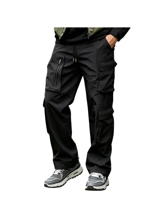 Cargo Pants for Men Casual Drawstring Loose Fitted Trendy Waterproof Hiking Pants with Multi Pockets