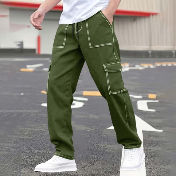 Axiiglly Cargo Pants for Men Drawstring Elasti Waist Straight Leg Loose Fitted 5 Pockets Pants Outdoor Running Gym Hiking Pants, S-3XL