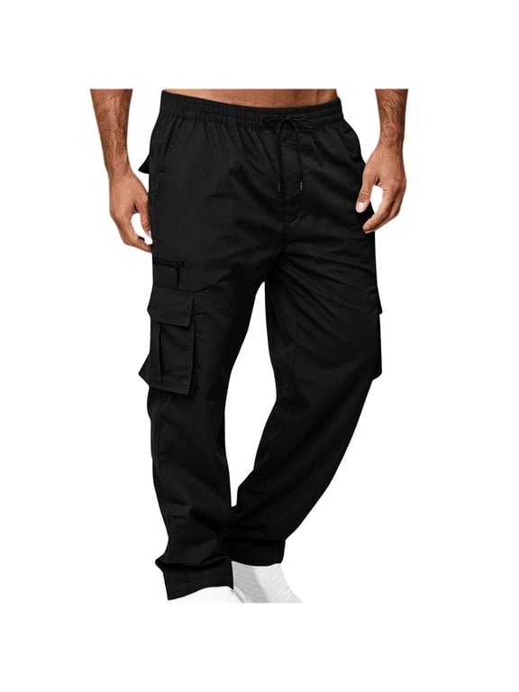 Cargo Pants for Men Elastic Drawstring Waist Straight Leg Work Pants Trendy Travel Hiking Pants with Multi Pockets