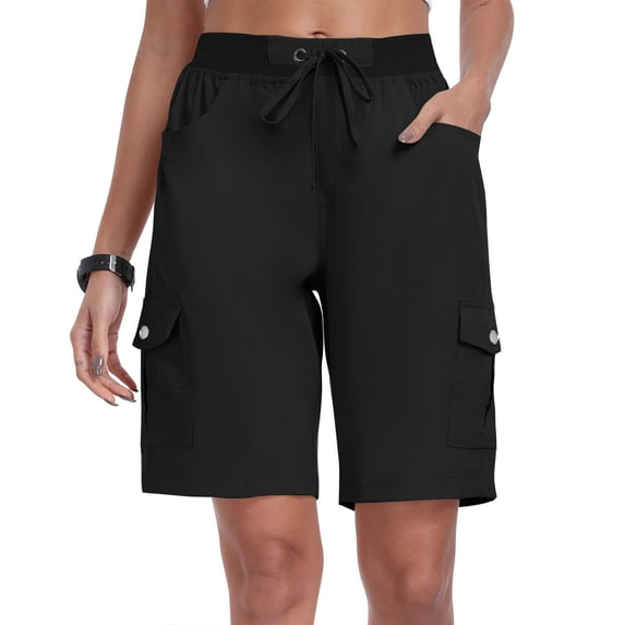 Axiiglly Cargo Shorts Women Drawstring Elastic Waist Bermuda Cargo Hiking Shorts Knee Length 6 Pockets Long Shorts, S-2XL