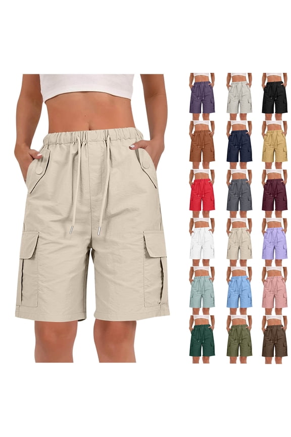 Cargo Shorts Women High Waisted Straight Knee Length 4 Pockets Hiking Bermuda Shorts, S-2XL
