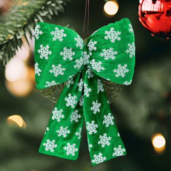 Axiiglly Christmas Bows 12" Glitter Snowflake Sequins Bow Decorative Christmas Hanging Ornaments for Staircase Wreath Garland Tree Holiday Decor, Green