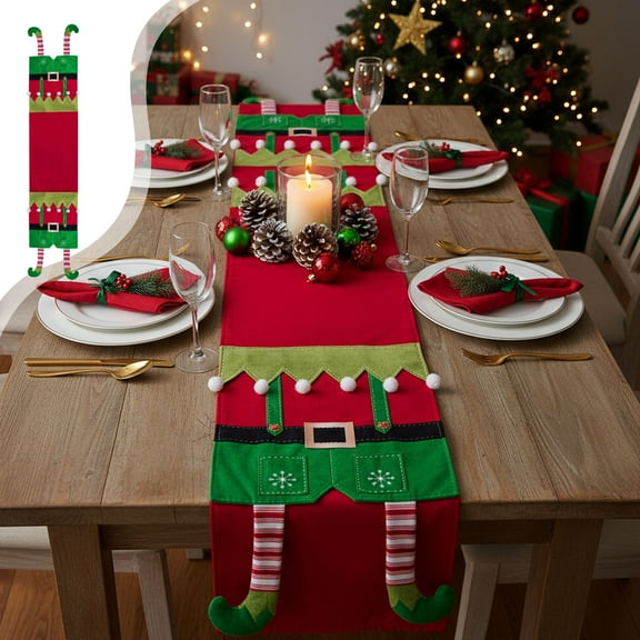 Axiiglly Christmas Elf Table Runner Cute Stripe Legs Table Decor 71" Xmas Dining Decoration Santa Elves Tablecloth Cover for Tabletop Winter Holiday Home Kitchen