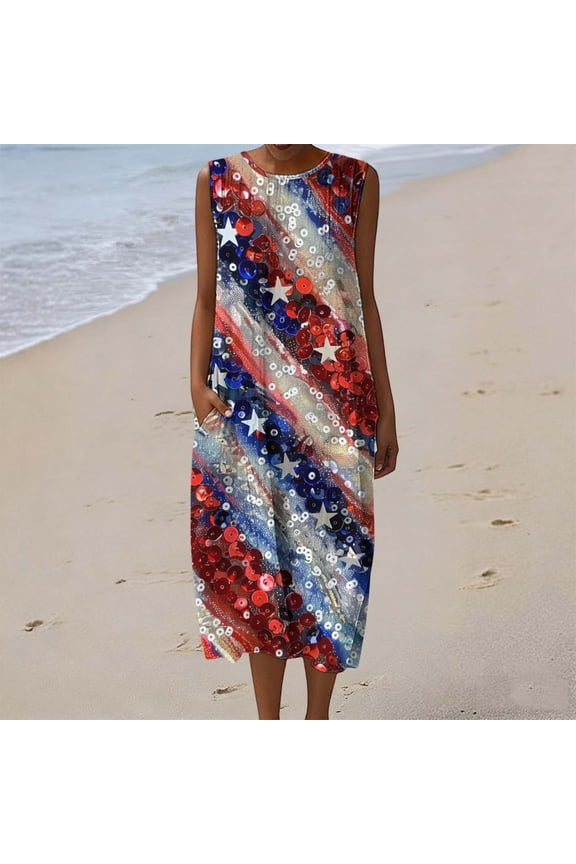 Cotton Linen Dress Women Summer Sleeveless Zipper USA Flag Patriotic Beach Holiday Sundress, S-3XL