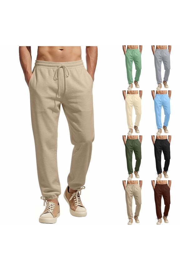 Cotton Linen Pants Men Drawstring Elastic Waist Casual Breathable Beach Vacation Pants with Pockets, S-2XL