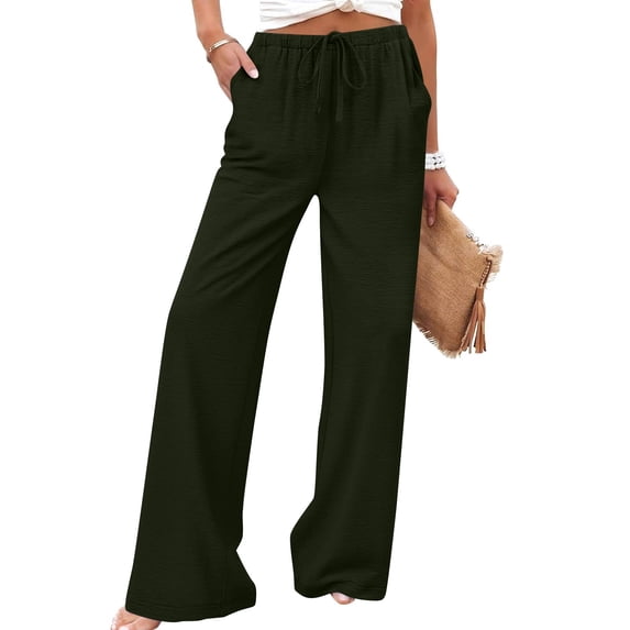 Axiiglly Cotton Linen Pants Women High Waisted Straight Adjustable Drawstring Waist 2 Pockets Beach Vacation Boho Flowy Trousers, S-2XL