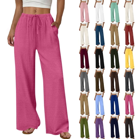 Axiiglly Cotton Linen Pants Women High Waisted Straight Adjustable Drawstring Waist 2 Pockets Beach Vacation Boho Flowy Trousers, S-2XL