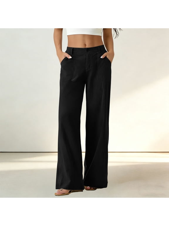 Cotton Linen Pants Women Wide Leg High Waisted Zipper Button Summer Casual Pants with Pockets Black XL