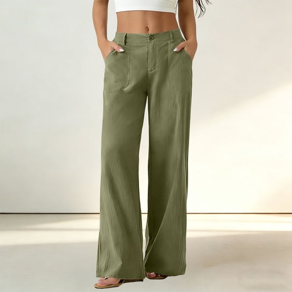 Axiiglly Cotton Linen Pants Women Wide Leg High Waisted Zipper Button Summer Casual Pants with Pockets, S-2XL