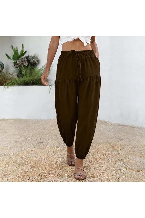 Cotton Linen Pants for Women, Drawstring Elastic Waist Pleated Slim Loose Casual Ankle Length Pants with Stretchy Cuffed Hem, S-2XL