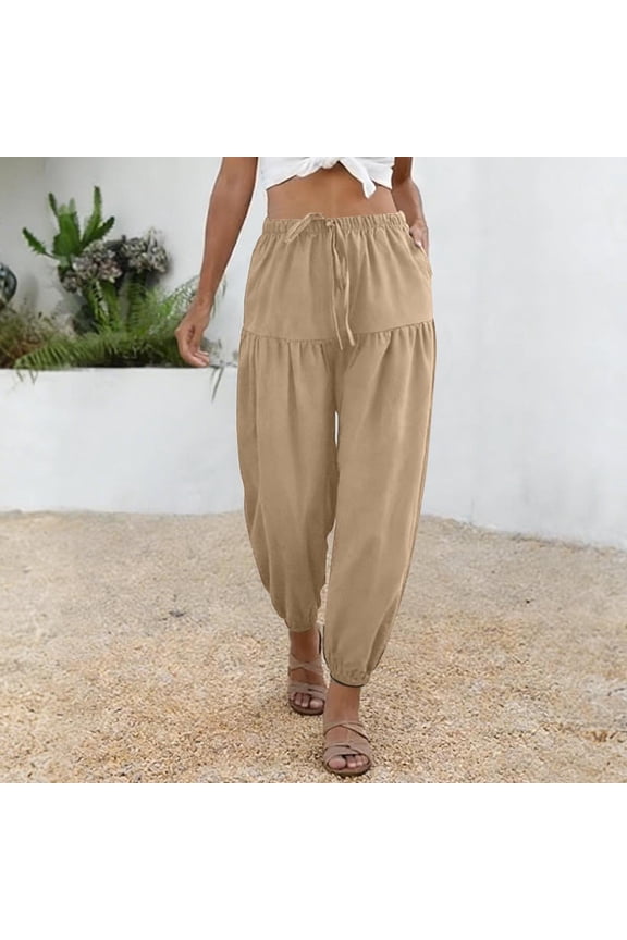Cotton Linen Pants for Women, Drawstring Elastic Waist Pleated Slim Loose Casual Ankle Length Pants with Stretchy Cuffed Hem, S-2XL