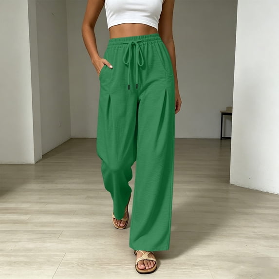 Axiiglly Cotton Linen Pants for Women Drawstring Waist Wide Leg Capris Casual Loose Workout Trousers with Pockets S-2XL