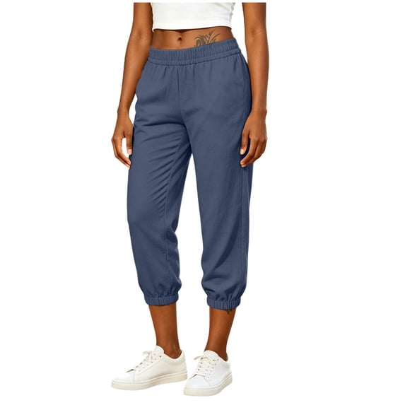 Axiiglly Cotton Linen Pants for Women Elastic Waist Casual Loose Capris Solid Outdoor Workout Trousers with Pockets XS-XL