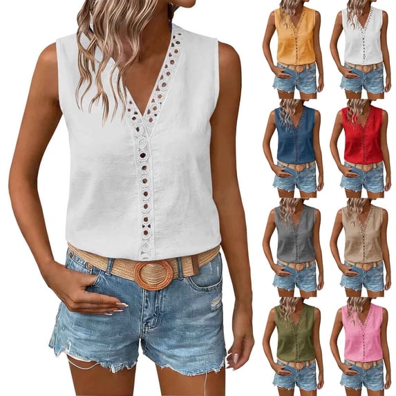 Axiiglly Cotton Linen Tank Tops for Women Lace V Neck Sleeveless Loose Fitted Shirts Fashion Beach Vacation Tanks, S-2XL
