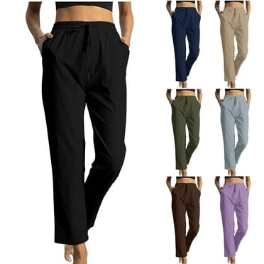 Axiiglly Cotton Pants for Women Elastic Waist Straight Leg Pants Solid Color Drawstrings Pants Outdoor Casual Beach Hiking Pants with Pockets