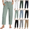 thumbnail image 1 of Horkkom Cotton Pants for Women Elastic Waist Straight Leg Pants Solid Color Drawstrings Pants Outdoor Casual Beach Pants with Pockets, 1 of 7