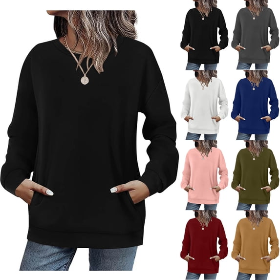 Horkkom Crewneck Sweatshirts Women Pullover Solid Color Fleece Sweatshirts Casual Loose Crew Neck Sweatshirts with Pockets S
