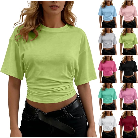 Axiiglly Crop Tops for Women Short Sleeve Side Ruched Stretch Slim Fit Cropped T Shirts Round Neck Trendy Basic Tees, S-2XL