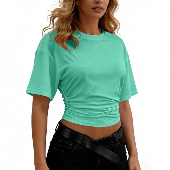 Axiiglly Crop Tops for Women Short Sleeve Side Ruched Stretch Slim Fit Cropped T Shirts Round Neck Trendy Basic Tees, S-2XL