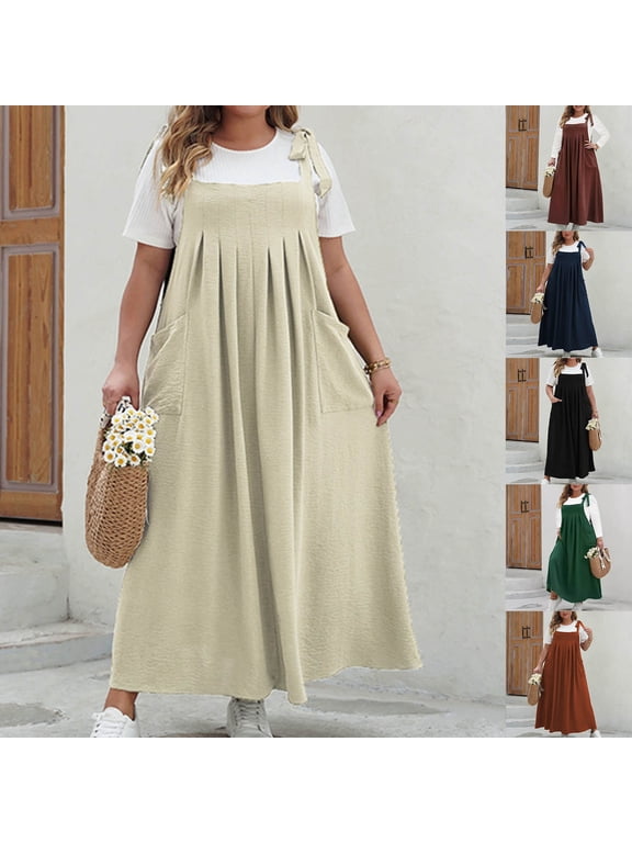 Dresses for Women Loose Fit Maxi Dresses Casual Ruched Jumper Dress Adjustable Straps Wide Hemline Overall Dress with Pockets