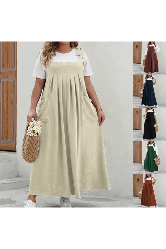 Dresses for Women Loose Fit Maxi Dresses Casual Ruched Jumper Dress Adjustable Straps Wide Hemline Overall Dress with Pockets