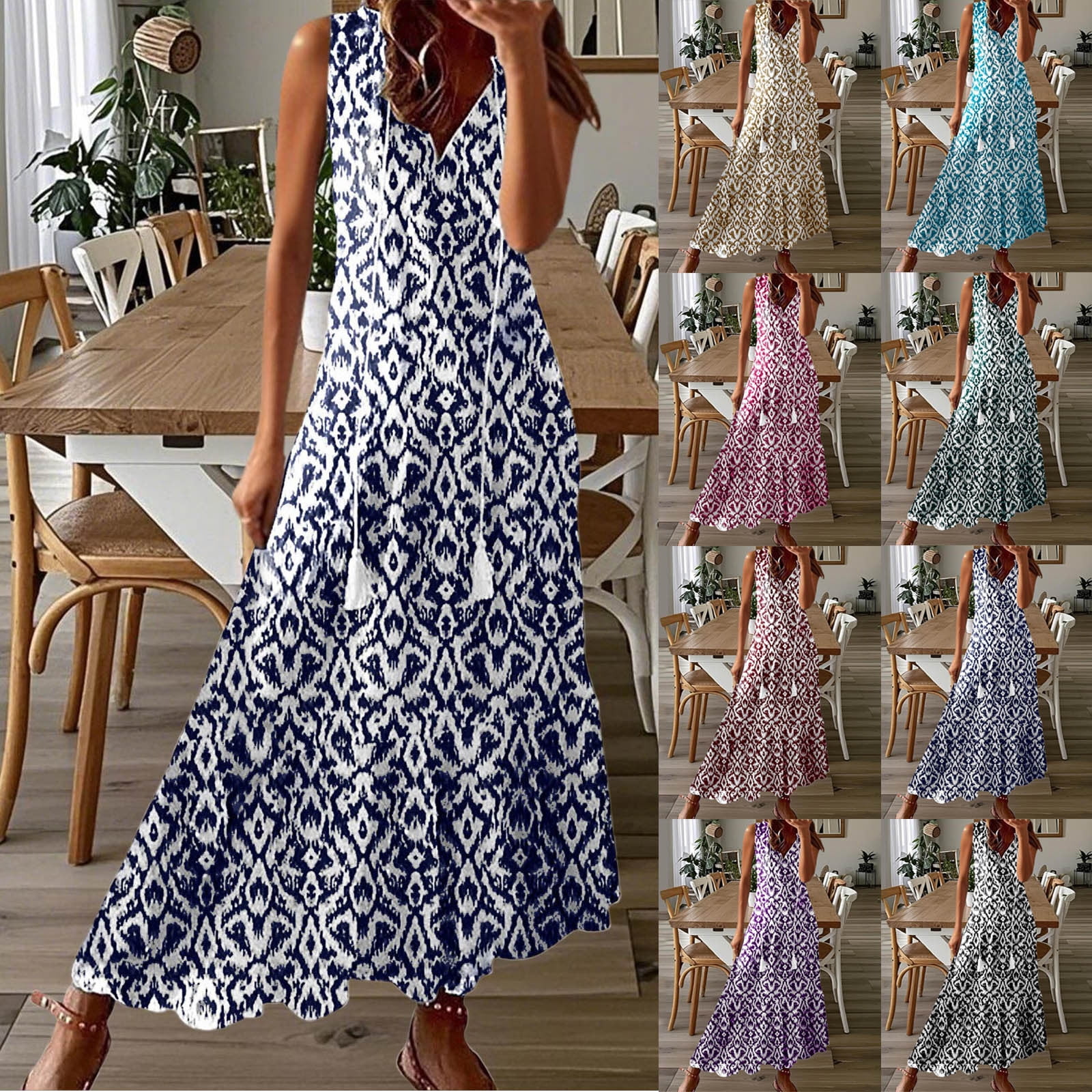 OSTOO Women's Boho Floral Maxi Dress - Sleeveless Tiered Flowy Long Dress For Summer, Blue, Size Small