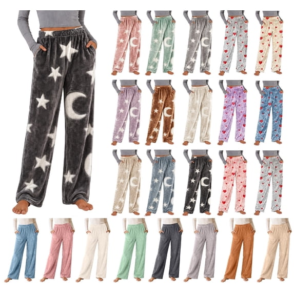 Axiiglly Flannel Pajama Pants for Women, Cute Printed Elastic Waist Wide Leg Pajama Pants with Pockets, Plus Size Loose Comfy Lounger Sleepwear Trousers