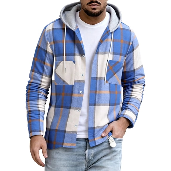 Axiiglly Flannel Shirt for Men, Plaid Long Sleeve Button Down Drawstring Hooded Sweatshirts with Pockets, Casual Loose Fitted Travel Work Hooded Jackets