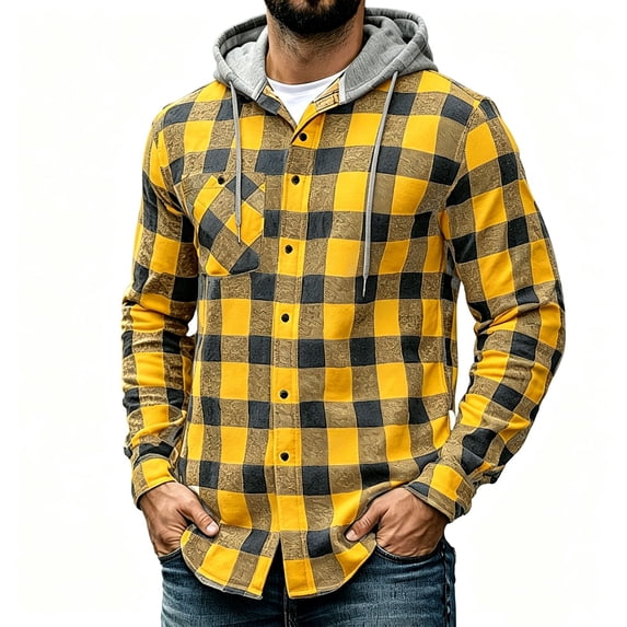 Axiiglly Flannel Shirt for Men, Plaid Long Sleeve Button Down Drawstring Hooded Sweatshirts with Pockets, Casual Loose Fitted Travel Work Hooded Jackets