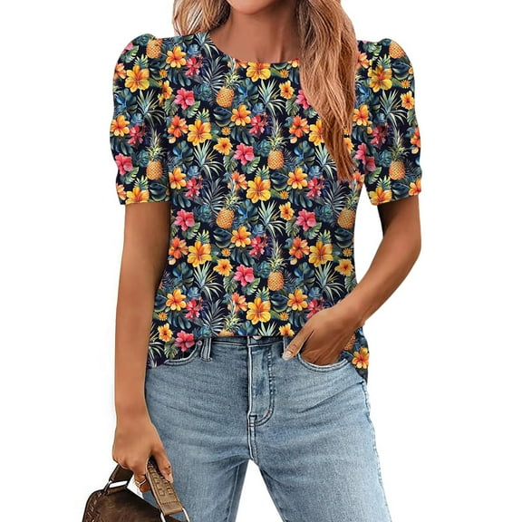 Axiiglly Floral Tops for Women Crew Neck Summer Shirts Short Sleeve Fashion Shirts Loose Casual Going Out Tops