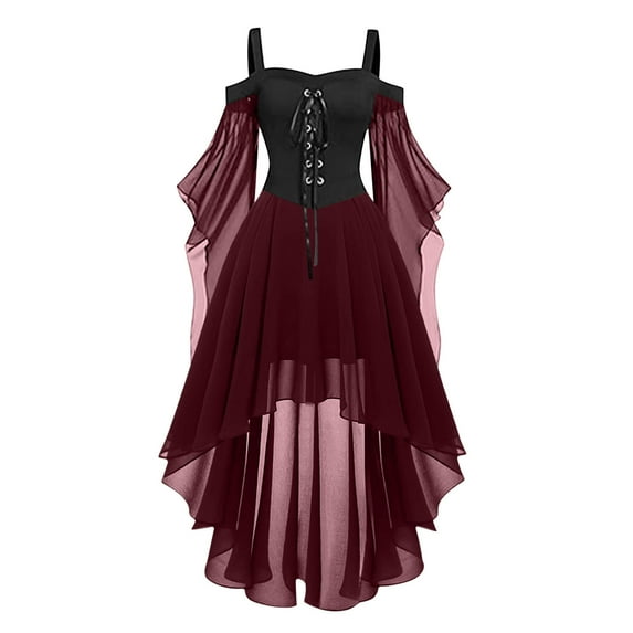 Axiiglly Gothic Dress for Women Cold Shoulder Plus Size Midi Dresses Corset Flare Sleeves Mesh Patchwork Flowy Dress Ruffle Renaissance Goth Punk Party Dress