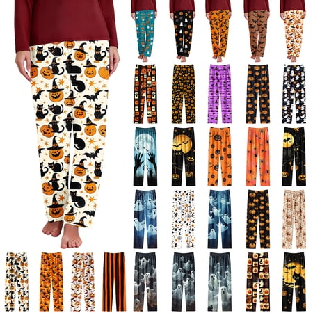 Axiiglly Halloween Pajama Pants for Women,Plus Size Printed Elastic Waist Wide Leg Sleep Pants,Casual Loose Sleepwear Bottoms Lounge Pants Halloween Gifts S-5XL
