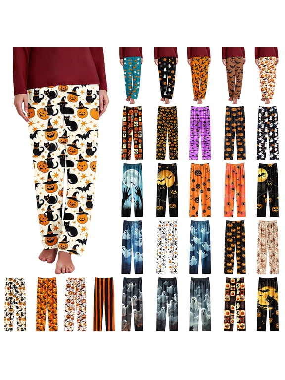 Halloween Pajama Pants for Women,Plus Size Printed Elastic Waist Wide Leg Sleep Pants,Casual Loose Sleepwear Bottoms Lounge Pants Halloween Gifts S-5XL