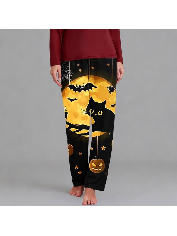 Halloween Pajama Pants for Women,Plus Size Printed Elastic Waist Wide Leg Sleep Pants,Casual Loose Sleepwear Bottoms Lounge Pants Halloween Gifts S-5XL