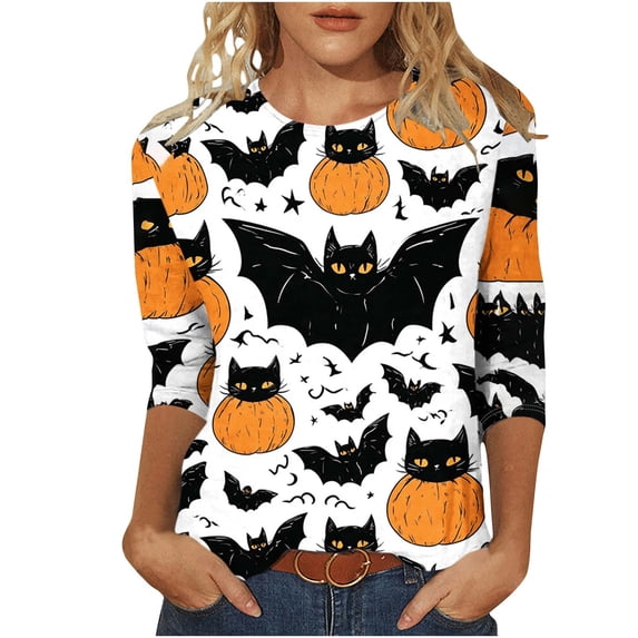 Axiiglly Halloween Shirts for Women Plus Size 3/4 Sleeves Round Neck Print Tops Casual Loose Graphic Tees S-5XL