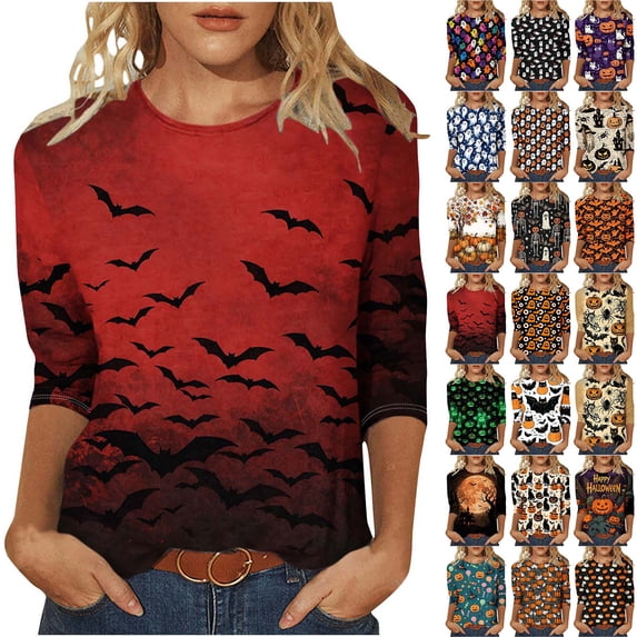 Axiiglly Halloween Shirts for Women Plus Size 3/4 Sleeves Round Neck Print Tops Casual Loose Graphic Tees S-5XL
