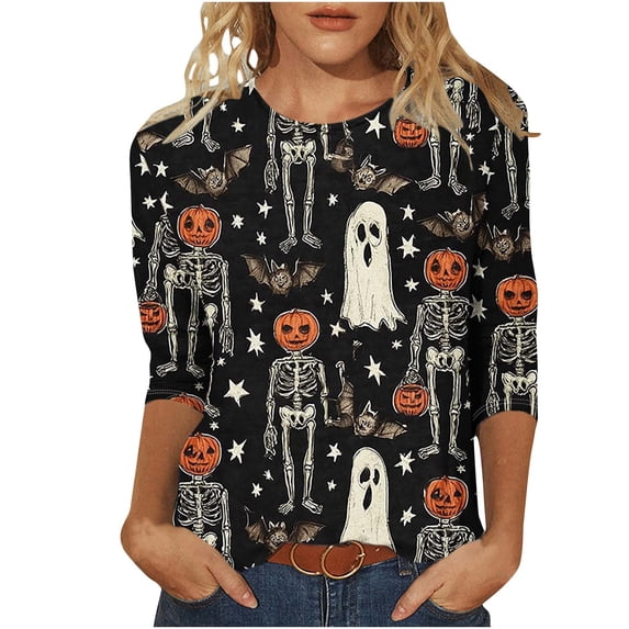 Axiiglly Halloween Shirts for Women Plus Size 3/4 Sleeves Round Neck Print Tops Casual Loose Graphic Tees S-5XL