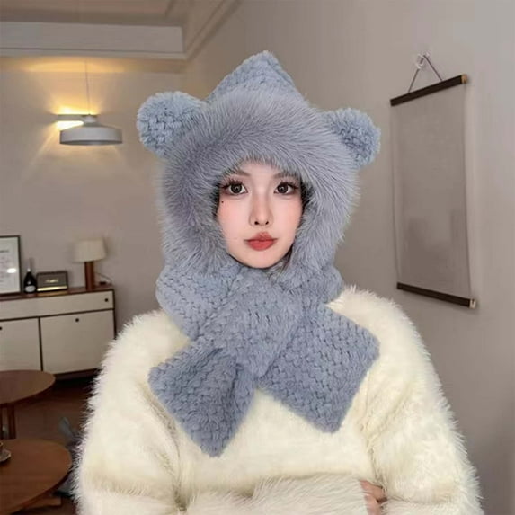 Axiiglly Hats for Women Soft Warm Winter Hat Scarf Integrated Fleece Lined Cold Weather Snow Hats Casual Outdoor Windproof Neck Protection Scarf Cute Cuffed Ribbed Knit Hat