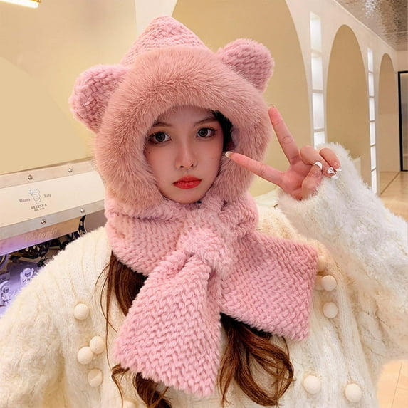 Axiiglly Hats for Women Soft Warm Winter Hat Scarf Integrated Fleece Lined Cold Weather Snow Hats Casual Outdoor Windproof Neck Protection Scarf Cute Cuffed Ribbed Knit Hat on Clearance