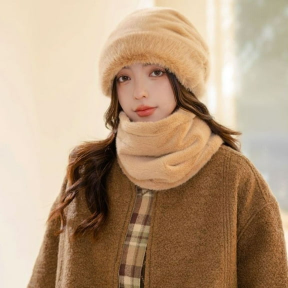 Axiiglly Hats for Women Soft Warm Winter Hat Scarf Integrated Fleece Lined Cold Weather Snow Hats Casual Outdoor Windproof Neck Protection Scarf Cute Cuffed Plush Hat