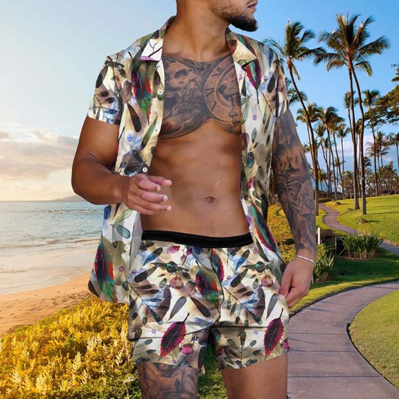 Axiiglly Hawaiian Shirt for Men Casual Button Short Sleeve Shirts Set Floral Printed Shorts Beach Tropical Matching Hawaiian Outfits