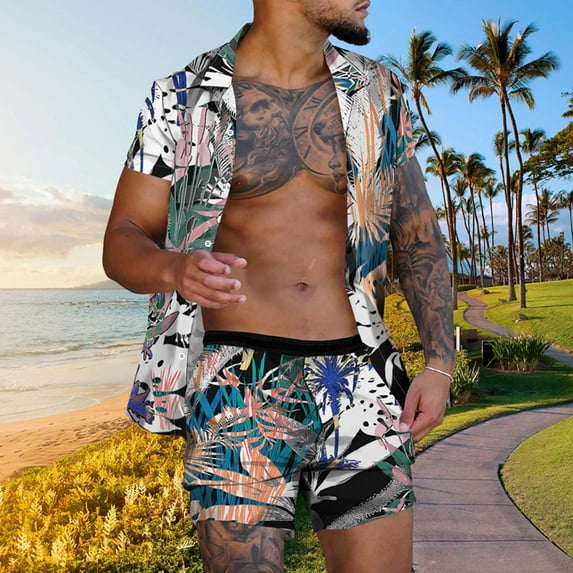 Axiiglly Hawaiian Shirt for Men Casual Button Short Sleeve Shirts Set Floral Printed Shorts Beach Tropical Matching Hawaiian Outfits