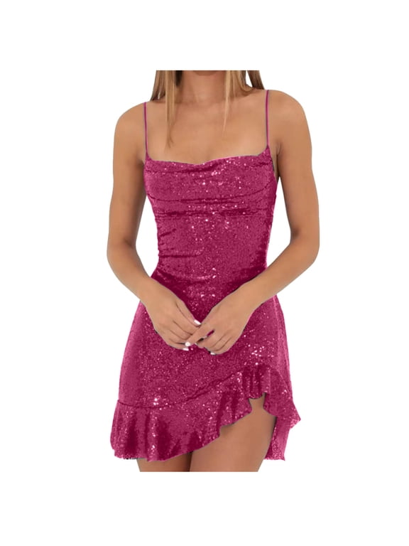 Homecoming Dresses for Women Spaghetti Strap Cocktail Dresses Slim Corset Party Graduation Dresses Clubwear Irregular Ruffled Hem Sparkly Glitter Sequin Mini Dresses