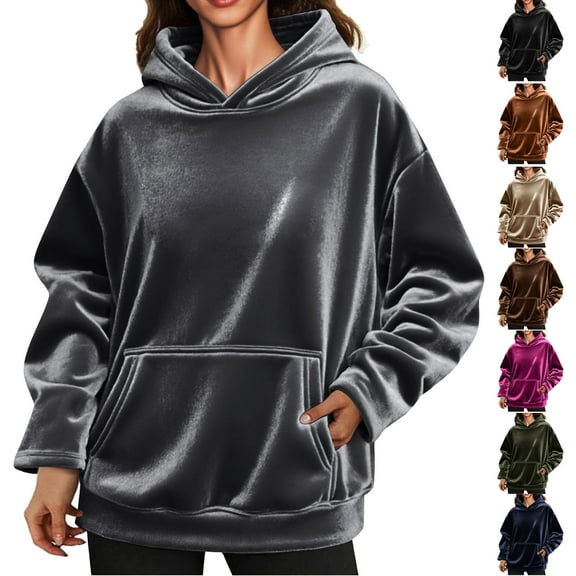 Horkkom Hoodies for Women Velour Hooded Sweatshirts Long Sleeve Pullover Sweatshirt Soft Casual Velvet Hoodies with Pockets
