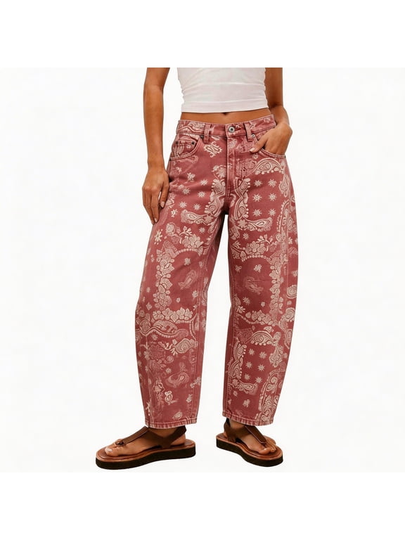 Jeans for Women Mid Rise Wide Leg Boho Barrel Jeans with Pockets Trendy Denim Pants, S-2XL