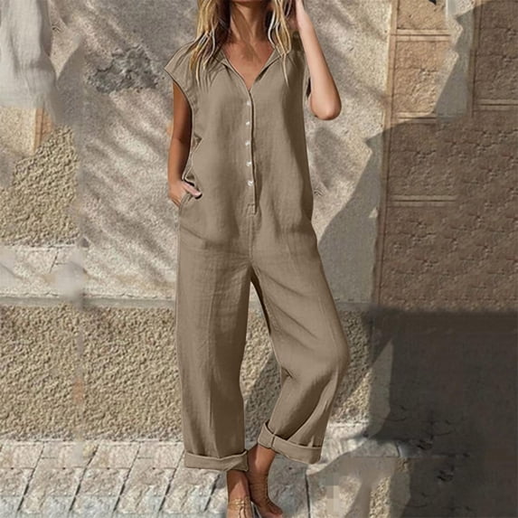 Axiiglly Jumpsuits for Women Cotton Linen V Neck Button Down Short Sleeve One Piece Beach Vacation Rompers Trendy Overalls Jumpers 2026, S-2XL